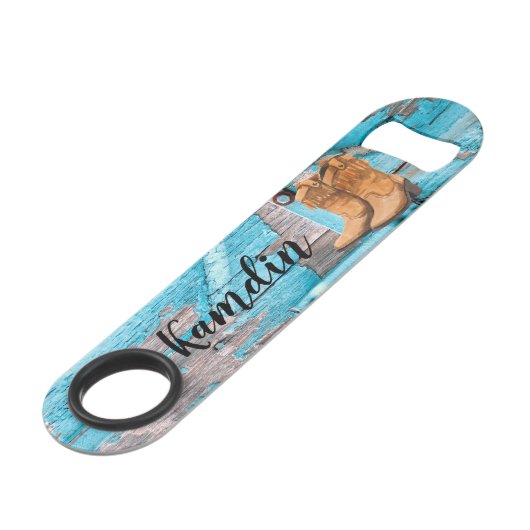 Gepersonaliseerde flesopener Blauw Hout Schuur Deu Speed Flessenopener (Voorkant Gekanteld)