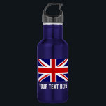 Gepersonaliseerde flessen van de Britse vlag<br><div class="desc">Speciaal gepersonaliseerde Britse Unieschrift markeert roestvrijstalen waterflessen. Aangepast glazige metalen waterflesje in veel kleuren. Ideaal voor sportteams en buitenactiviteiten. basketbal, honkbal, football, tennis, voetbal, volleybal, wandelen, kamperen, rennen, rails, veld enz. Personaliseer je met je eigen naam, jersey nummer, initialen of slogan in hoofdletters. Koel moderne typografie. Geschikt voor sportvrouwen en...</div>