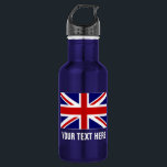 Gepersonaliseerde flessen van de Britse vlag<br><div class="desc">Speciaal gepersonaliseerde Britse Unieschrift markeert roestvrijstalen waterflessen. Aangepast glazige metalen waterflesje in veel kleuren. Ideaal voor sportteams en buitenactiviteiten. basketbal, honkbal, football, tennis, voetbal, volleybal, wandelen, kamperen, rennen, rails, veld enz. Personaliseer je met je eigen naam, jersey nummer, initialen of slogan in hoofdletters. Koel moderne typografie. Geschikt voor sportvrouwen en...</div>