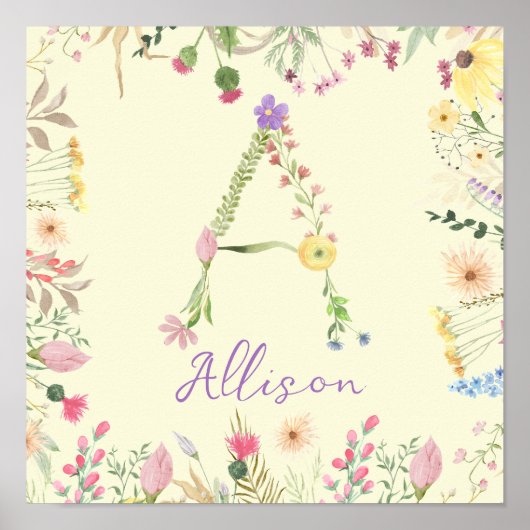 Gepersonaliseerde Floral Alphabet Initiaal kinderk Poster (Voorkant)