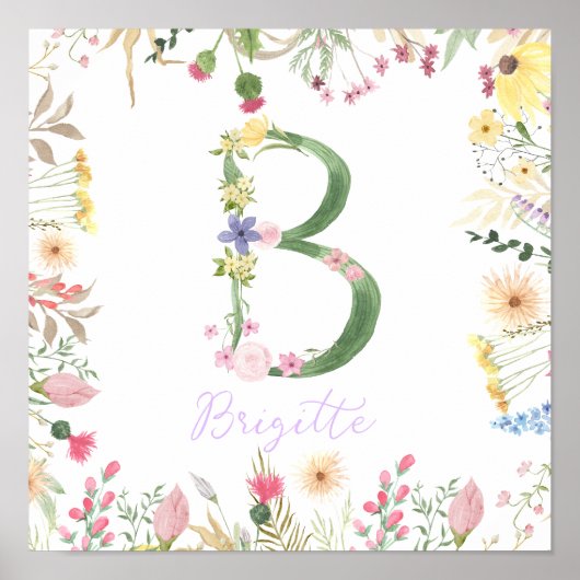 Gepersonaliseerde Floral Alphabet Initiaal kwekeri Poster (Voorkant)