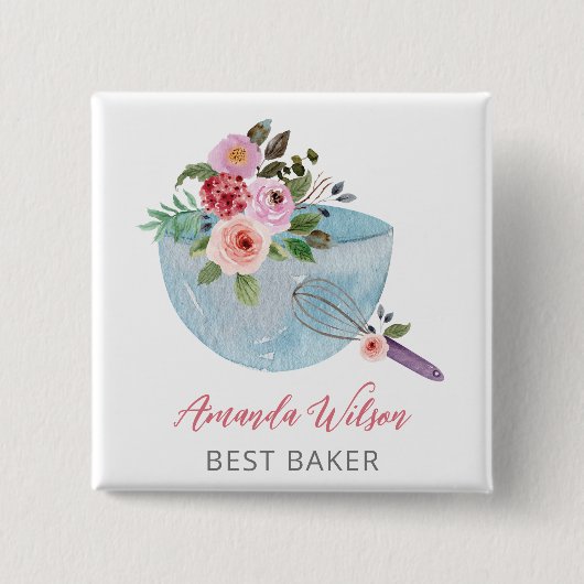 Gepersonaliseerde Floral Bowl en Whisker Bakers Vierkante Button 5,1 Cm (Voorkant)