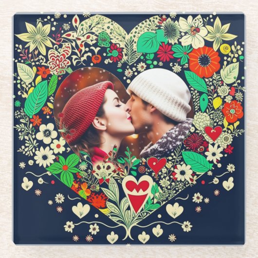 Gepersonaliseerde Floral Heart Lijst Foto Glazen Onderzetter (Voorkant)