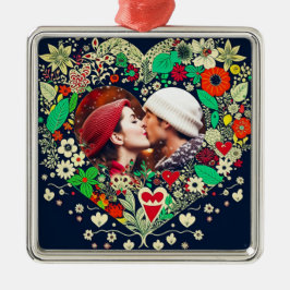 Gepersonaliseerde Floral Heart Lijst Foto Metalen Ornament