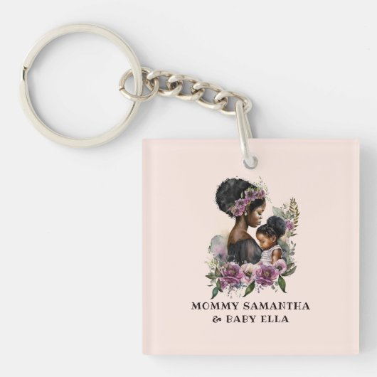Gepersonaliseerde Floral Ma en Baby (3) Sleutelhanger (Voorkant)