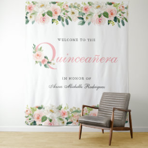 Gepersonaliseerde Floral Quinceanera foto achtergr Wandkleed