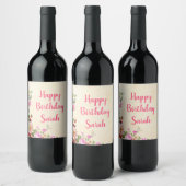 Gepersonaliseerde Floral  Script Happy Birthday Wijn Etiket (Flessen)