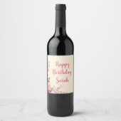 Gepersonaliseerde Floral  Script Happy Birthday Wijn Etiket (Voorkant)