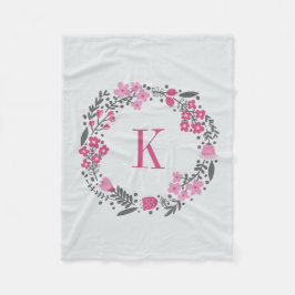 Gepersonaliseerde Floral Wreath & Monogram Pink Gr Fleece Deken