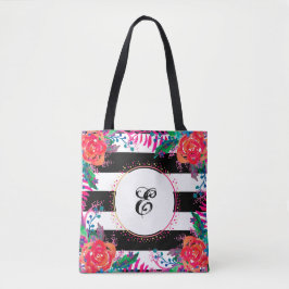 gepersonaliseerde florale bundels en zwarte strips tote bag