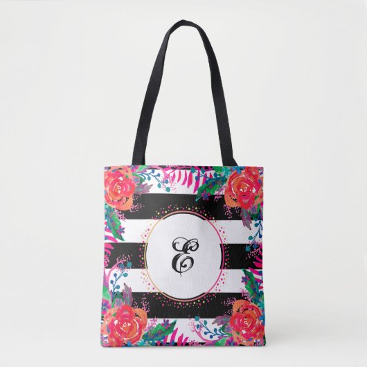 gepersonaliseerde florale bundels en zwarte strips tote bag (Voorkant)
