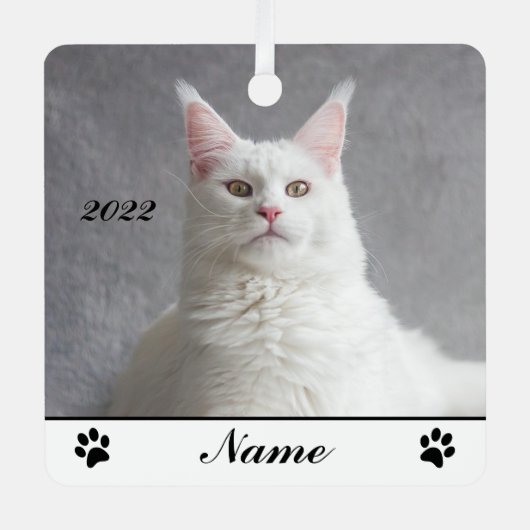 Gepersonaliseerde fluffy White Maine Coon Cat Metalen Ornament (Voorkant)