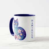 Gepersonaliseerde Folk Art Bloemen en Kat Mok (Voorkant links)