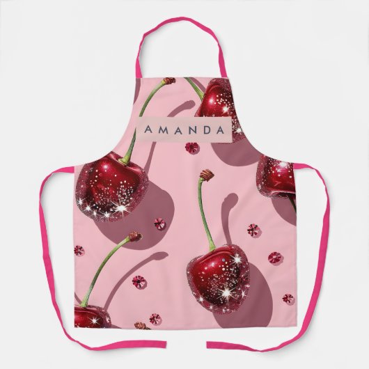 Gepersonaliseerde Fonkelende Rode Kersen Glamour Schort (Voorkant)