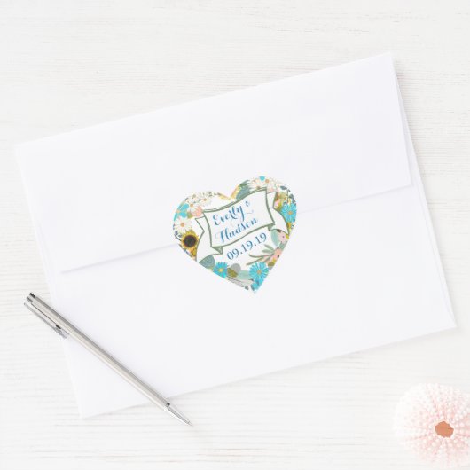 Gepersonaliseerde Forever Aqua en Roze Garland Wed Hart Sticker (Envelop)
