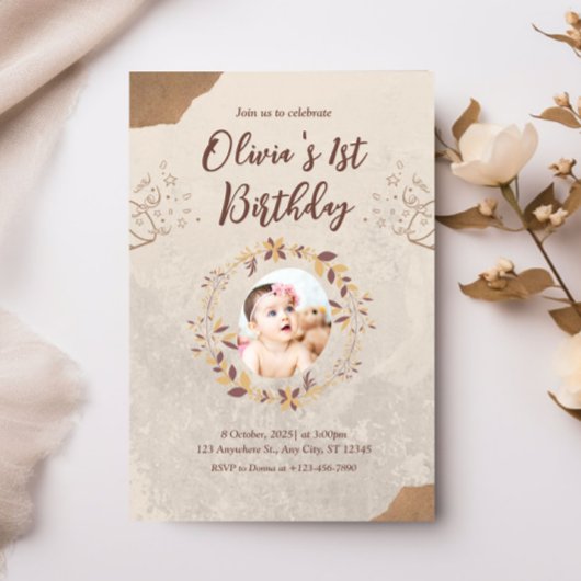 Gepersonaliseerde foto 1e verjaardag bruin kaart