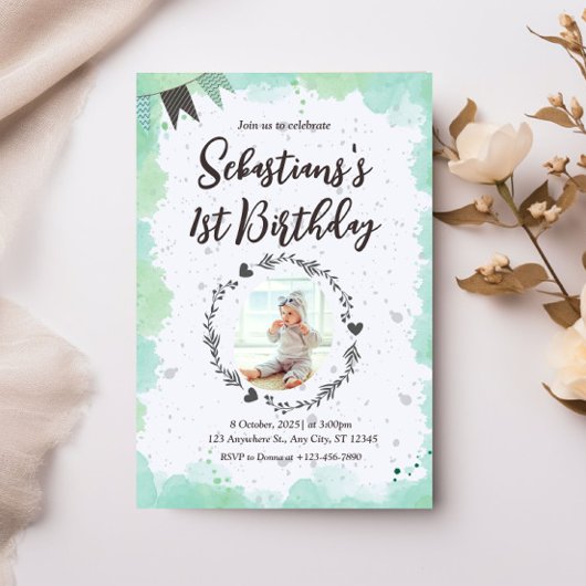 Gepersonaliseerde foto 1e Verjaardag Waterverf Kaart