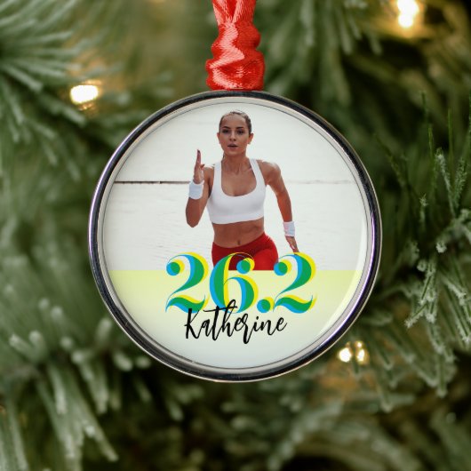 Gepersonaliseerde foto 26.2 Marathon Running Green Metalen Ornament (Boom)