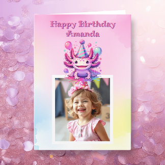 Gepersonaliseerde foto Axolotl Girl's Birthday Kaart