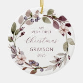 Gepersonaliseerde Foto Baby 1e Kerst Paarse Keramisch Ornament (Voorkant)