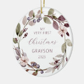 Gepersonaliseerde Foto Baby 1e Kerst Paarse Keramisch Ornament (Links)