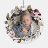 Gepersonaliseerde Foto Baby 1e Kerst Paarse Keramisch Ornament (Achterkant)