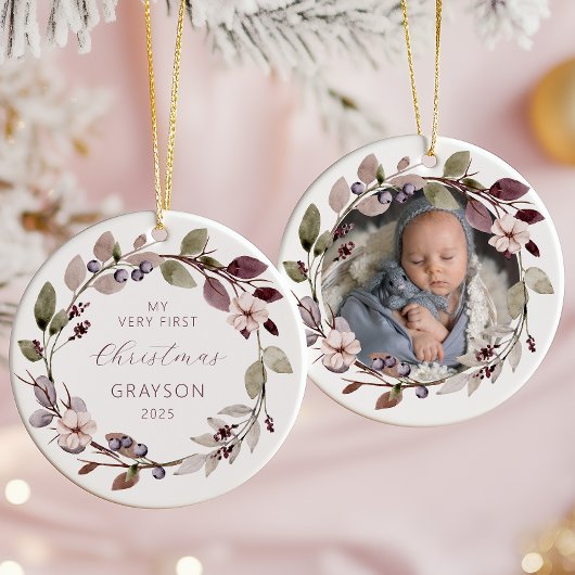 Gepersonaliseerde Foto Baby 1e Kerst Paarse Keramisch Ornament