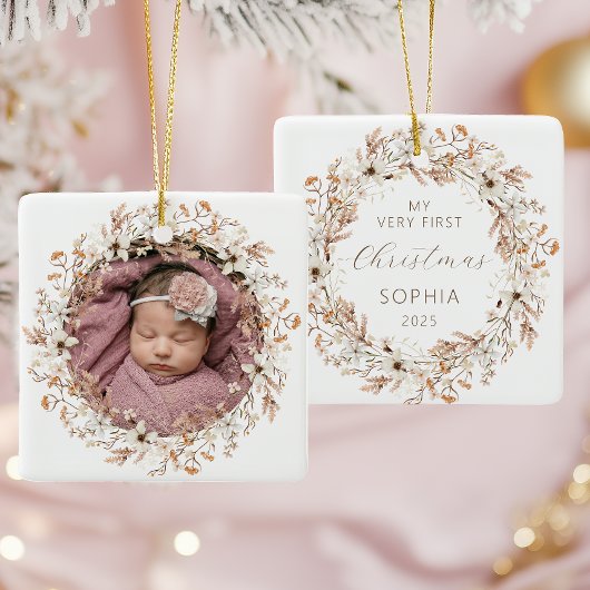 Gepersonaliseerde Foto Baby 1st Christmas Wildflow Keramisch Ornament
