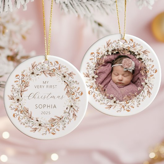 Gepersonaliseerde Foto Baby 1st Christmas Wildflow Keramisch Ornament