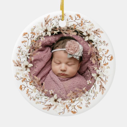 Gepersonaliseerde Foto Baby 1st Christmas Wildflow Keramisch Ornament (Achterkant)
