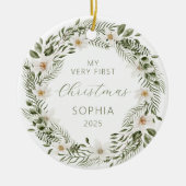 Gepersonaliseerde Foto Baby 1st Christmas Woodland Keramisch Ornament (Voorkant)