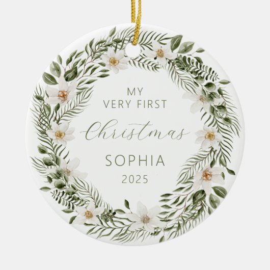 Gepersonaliseerde Foto Baby 1st Christmas Woodland Keramisch Ornament (Voorkant)