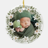 Gepersonaliseerde Foto Baby 1st Christmas Woodland Keramisch Ornament (Achterkant)