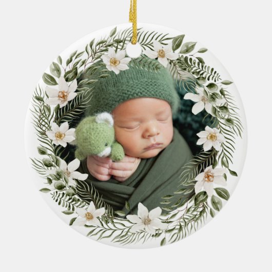 Gepersonaliseerde Foto Baby 1st Christmas Woodland Keramisch Ornament (Achterkant)
