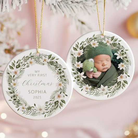 Gepersonaliseerde Foto Baby 1st Christmas Woodland Keramisch Ornament