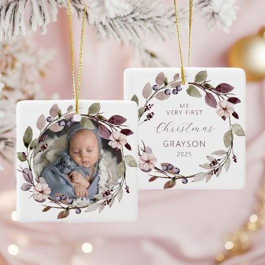 Gepersonaliseerde Foto Baby Eerste Kerst Paarse Keramisch Ornament