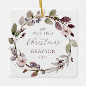Gepersonaliseerde Foto Baby Eerste Kerst Paarse Keramisch Ornament (Voorkant)