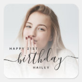 Gepersonaliseerde foto Black Script 21e verjaardag Vierkante Sticker (Voorkant)