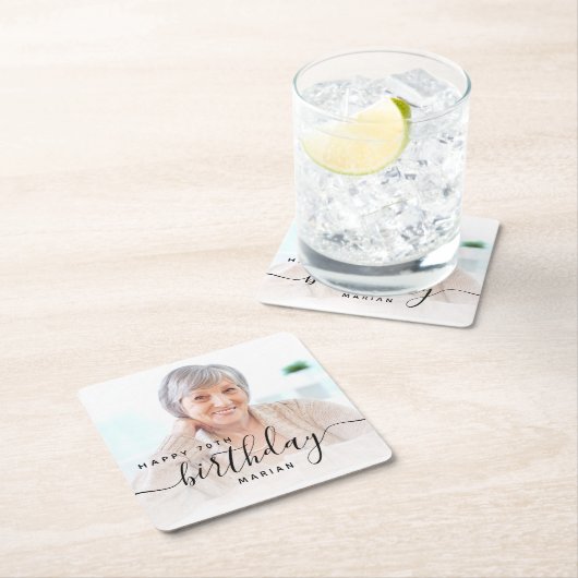 Gepersonaliseerde foto Black Script 70e verjaardag Kartonnen Onderzetters (Insitu)