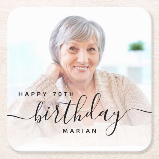 Gepersonaliseerde foto Black Script 70e verjaardag Kartonnen Onderzetters (Voorkant)