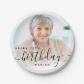 Gepersonaliseerde foto Black Script 70e verjaardag Papieren Bordje (Voorkant)