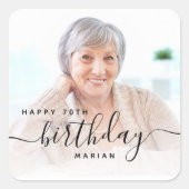 Gepersonaliseerde foto Black Script 70e verjaardag Vierkante Sticker (Voorkant)