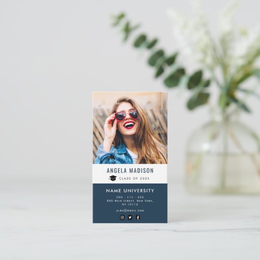 gepersonaliseerde foto blauw afstuderen invoegen visitekaartje (Staand voorkant)