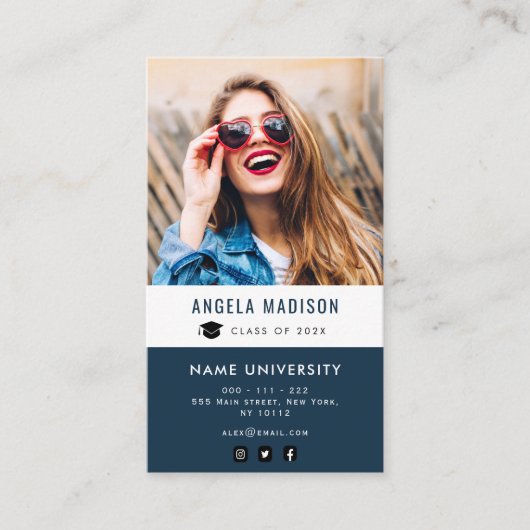 gepersonaliseerde foto blauw afstuderen invoegen visitekaartje (Voorkant)