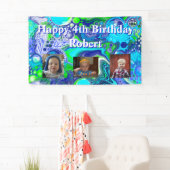 Gepersonaliseerde foto Blauw en groen Verjaardag Spandoek (Insitu)