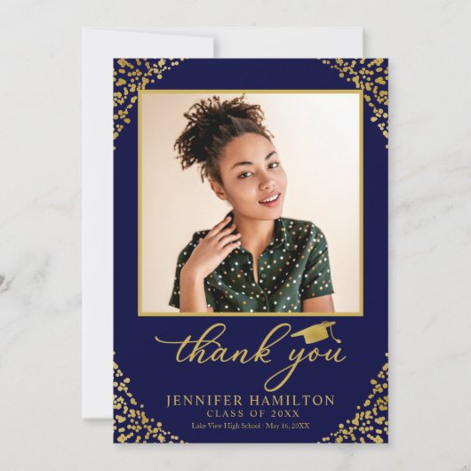 Gepersonaliseerde foto Blauw Goud Afstuderen Dank  Kaart (Voorkant)