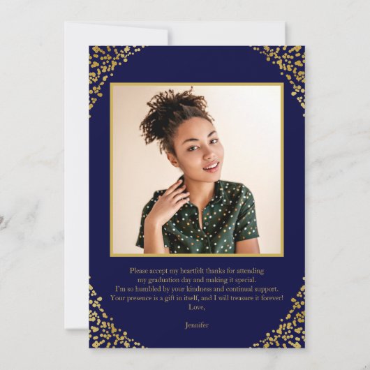 Gepersonaliseerde foto Blauw Goud Afstuderen Dank  Kaart (Achterkant)