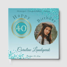 Gepersonaliseerde foto Blauwgroen Blue Glitter 40e Gastenboek