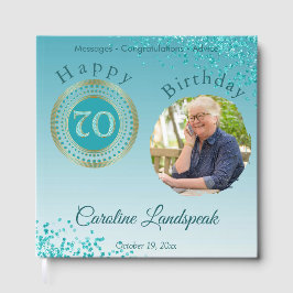 Gepersonaliseerde foto Blauwgroen Blue Glitter 70e Gastenboek