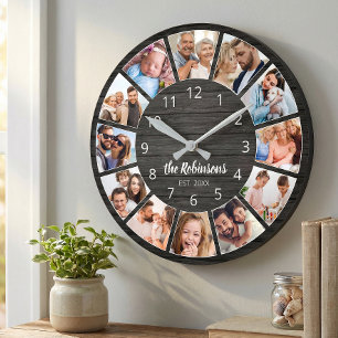 Gepersonaliseerde foto Collage Black Wood Familie Ronde Klok